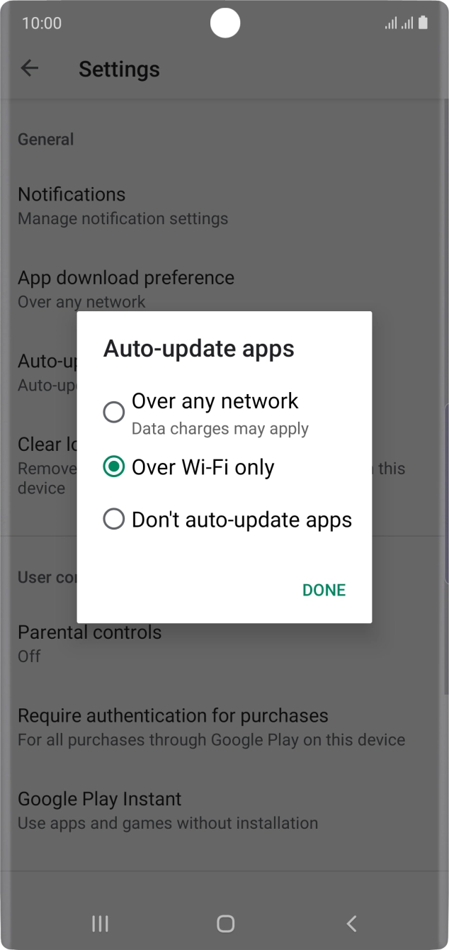 To turn on automatic update of apps using mobile network, press Over any network. To turn on automatic update of apps using mobile network, press Over any network.