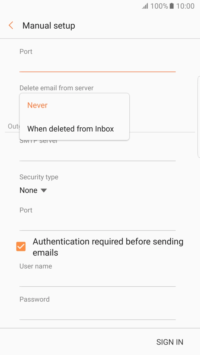 Press Never to keep email on the server when you delete them on your phone. Press Never to keep email on the server when you delete them on your phone.