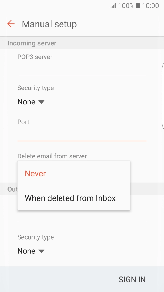 Press Never to keep email on the server when you delete them on your phone. Press Never to keep email on the server when you delete them on your phone.
