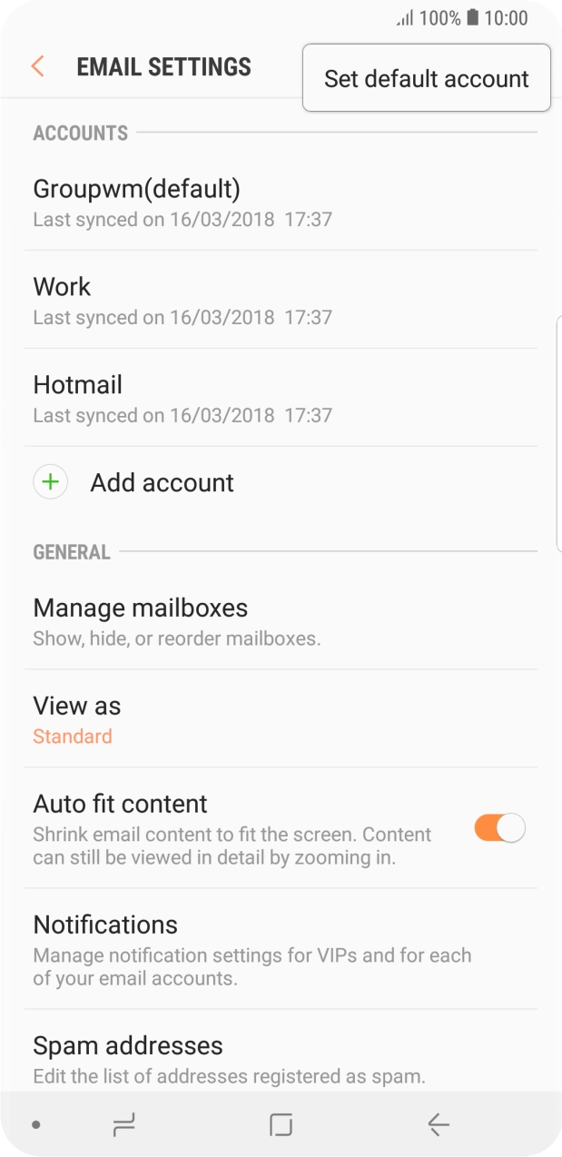 Press Set default account. Press Set default account.