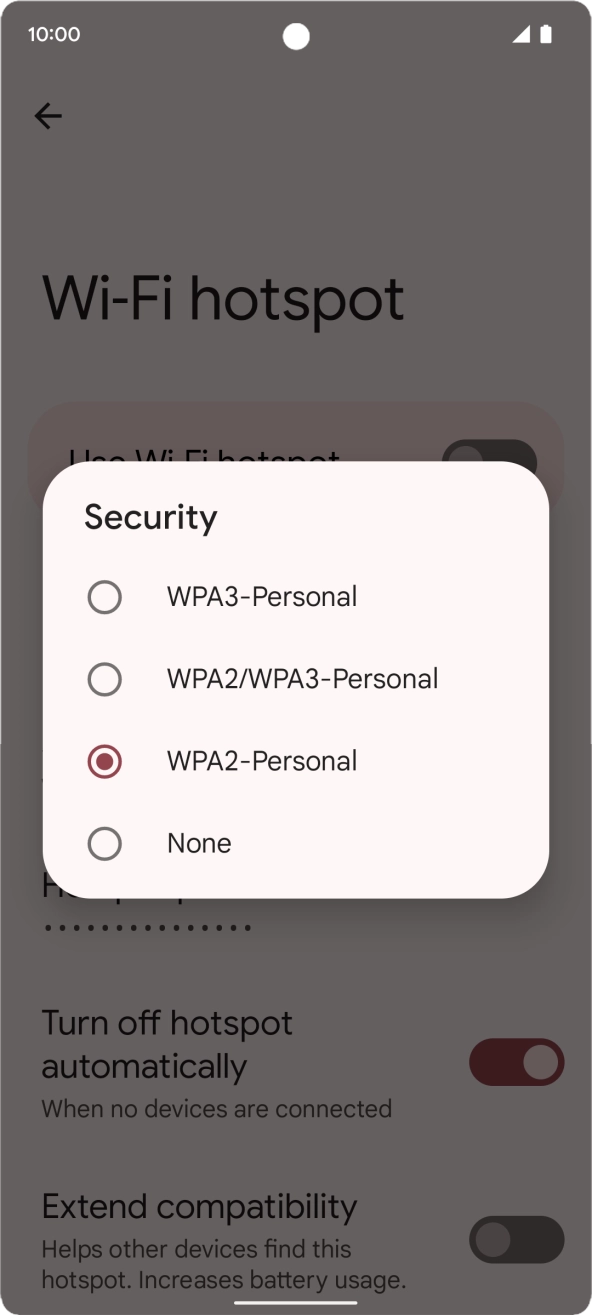 Press WPA3-Personal to password protect your Wi-Fi hotspot. Press WPA3-Personal to password protect your Wi-Fi hotspot.