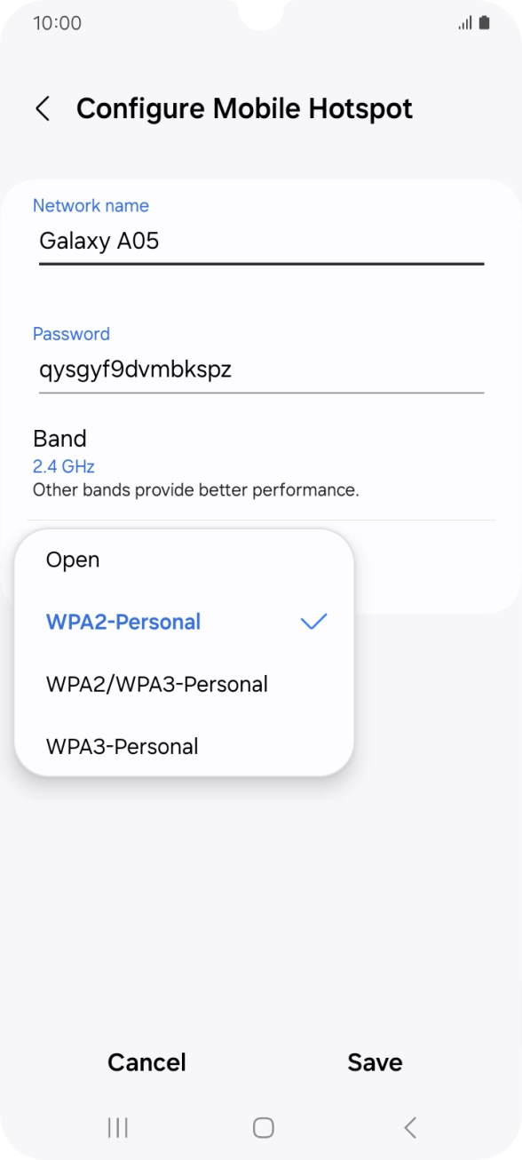 Press WPA3-Personal to password protect your Wi-Fi hotspot. Press WPA3-Personal to password protect your Wi-Fi hotspot.