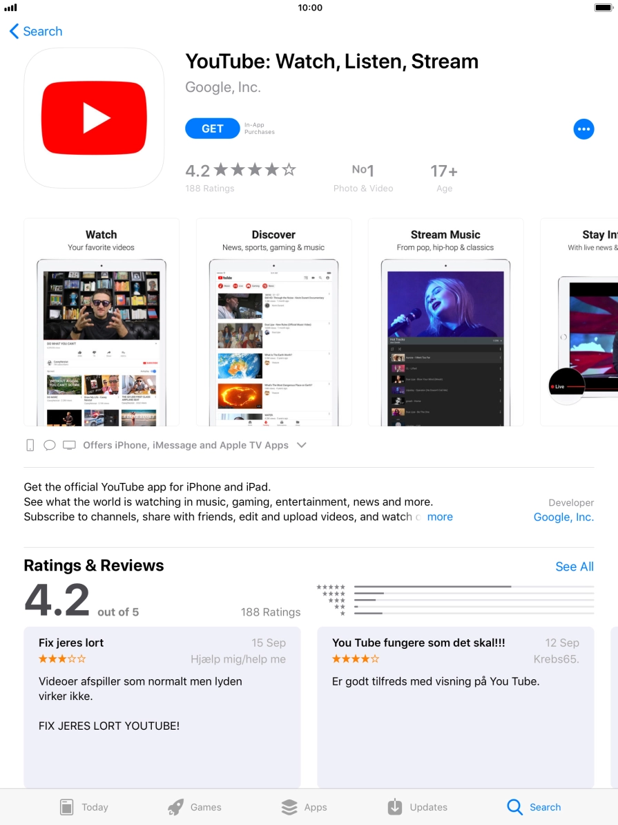 Press GET and follow the instructions on the screen to install YouTube. Press GET and follow the instructions on the screen to install YouTube.