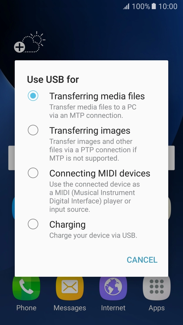 Press Transferring media files to turn on the function. Press Transferring media files to turn on the function.