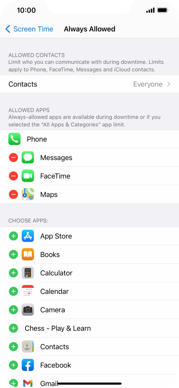 Press the add icon next to the required app to add it to the list of allowed apps during Downtime.