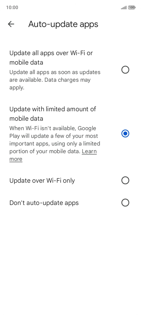 To turn on automatic update of apps using mobile network, press Update all apps over Wi-Fi or mobile data. To turn on automatic update of apps using mobile network, press Update all apps over Wi-Fi or mobile data.