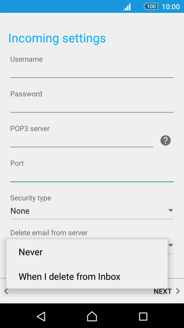 Press Never to keep email on the server when you delete them on your phone. Press Never to keep email on the server when you delete them on your phone.