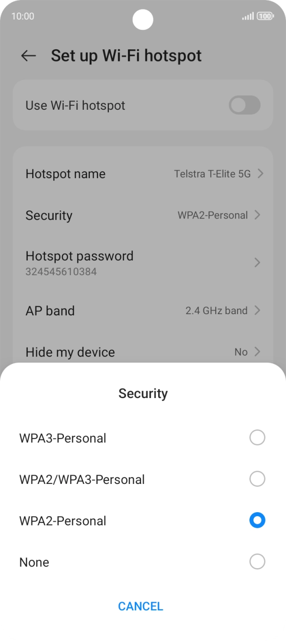 Press WPA3-Personal to password protect your Wi-Fi hotspot. Press WPA3-Personal to password protect your Wi-Fi hotspot.