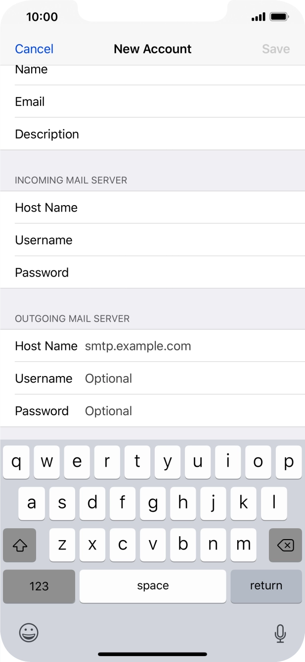 Press Host Name and key in the name of your email provider's outgoing server. Press Host Name and key in the name of your email provider's outgoing server.