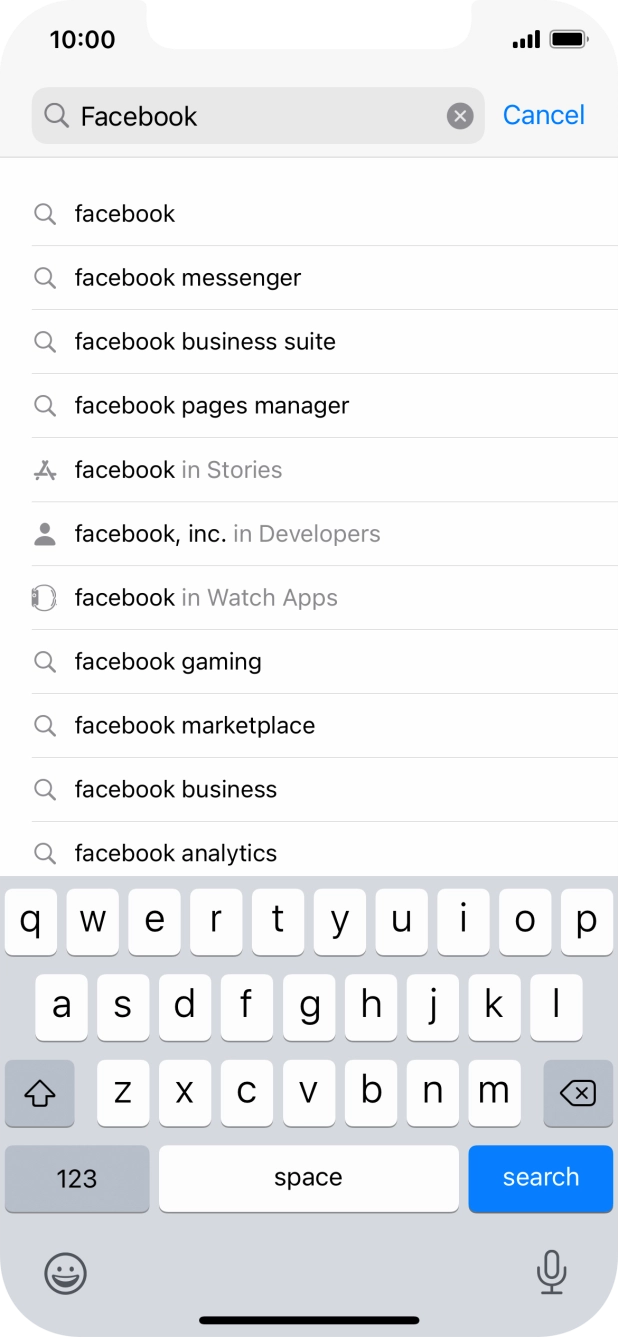 Key in Facebook and press search. Key in Facebook and press search.