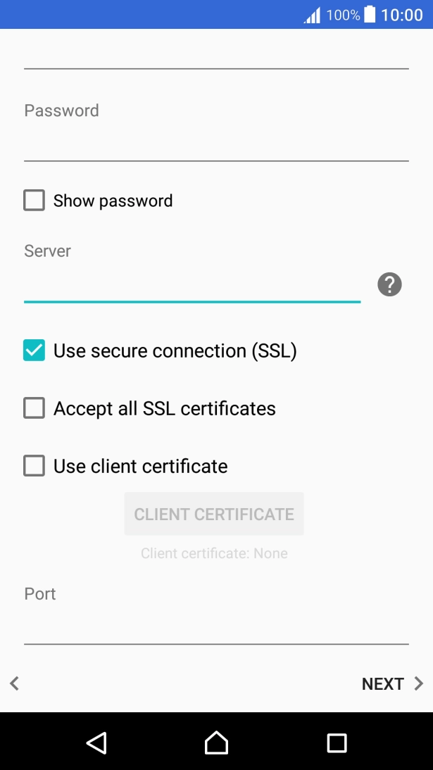 Press Use secure connection (SSL) to turn the function on or off. Press Use secure connection (SSL) to turn the function on or off.