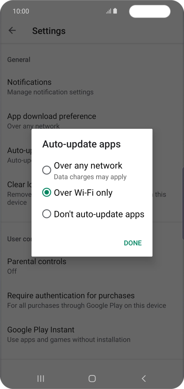 To turn on automatic update of apps using mobile network, press Over any network. To turn on automatic update of apps using mobile network, press Over any network.