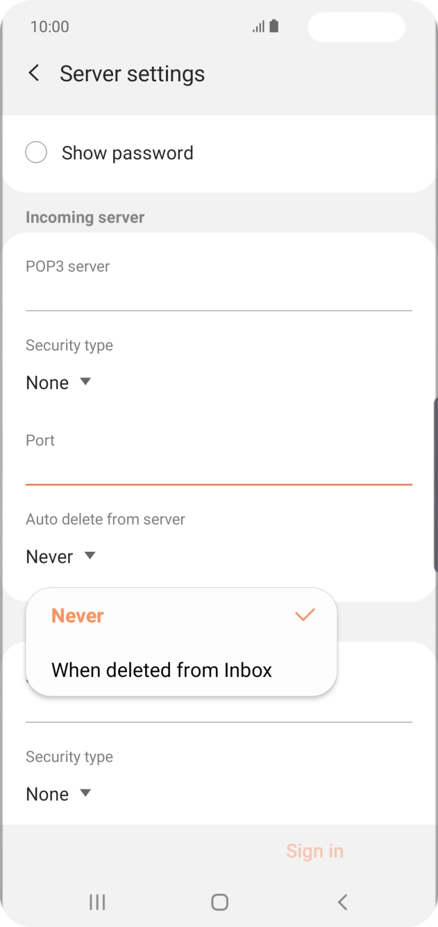 Press Never to keep email on the server when you delete them on your phone. Press Never to keep email on the server when you delete them on your phone.