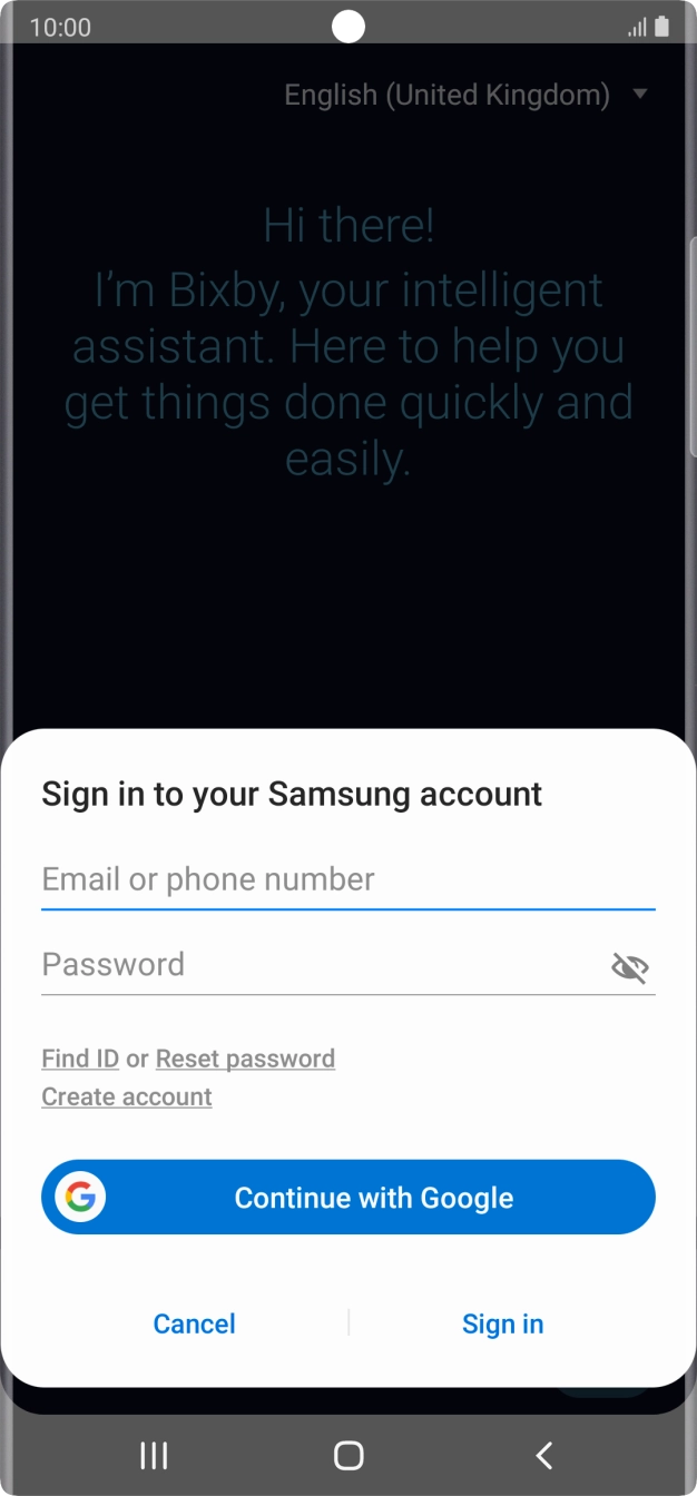 If you don't have a Samsung account, press Create account and follow the instructions on the screen to create an account. If you don't have a Samsung account, press Create account and follow the instructions on the screen to create an account.