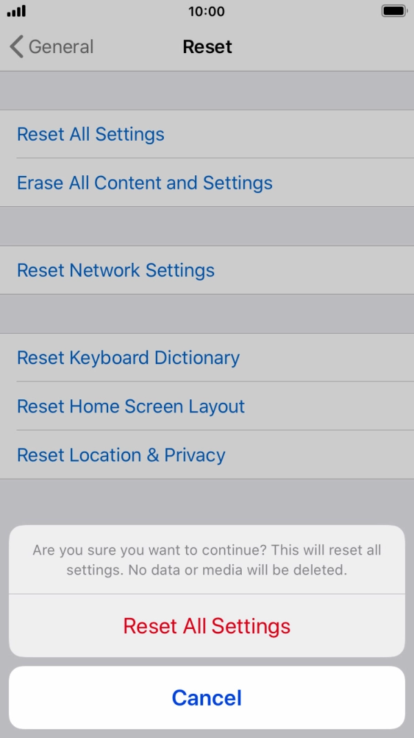 Press Reset All Settings. Wait a moment while the factory default settings are restored. Follow the instructions on the screen to set up your phone and prepare it for use. Press Reset All Settings. Wait a moment while the factory default settings are restored. Follow the instructions on the screen to set up your phone and prepare it for use.
