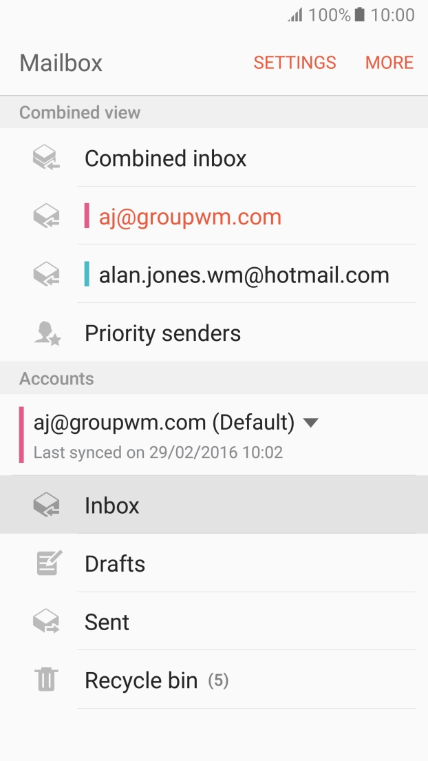 Press the required email account. Press the required email account.