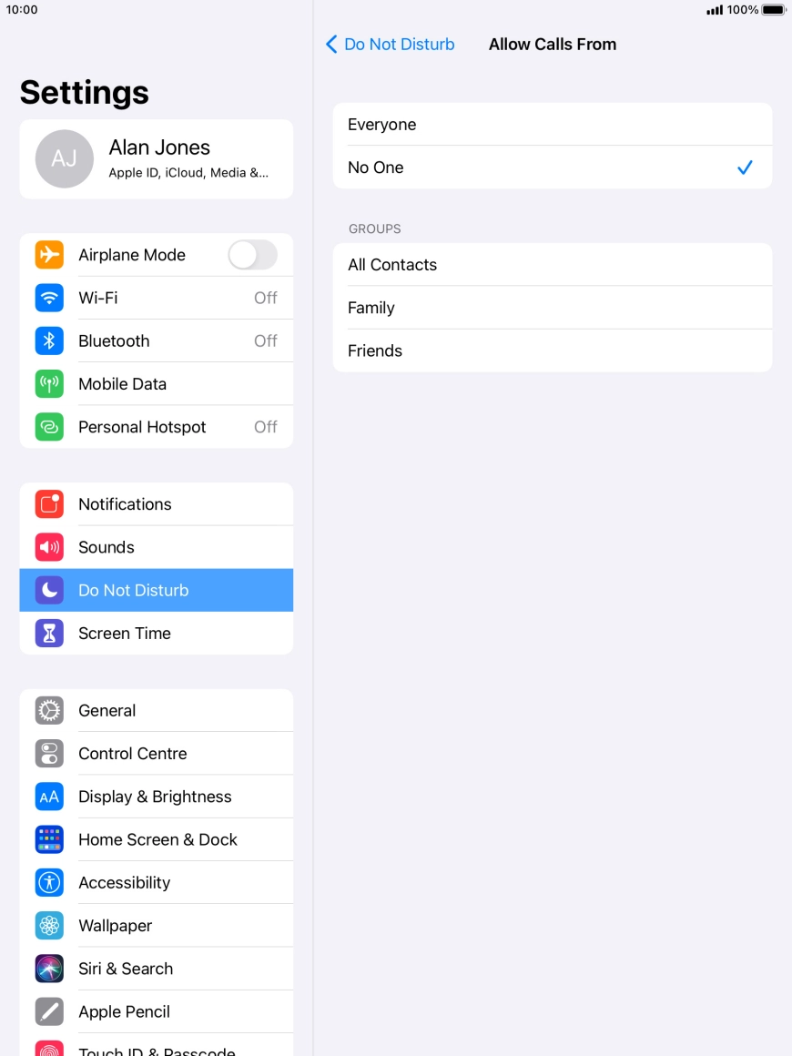 Press the required setting to select which contacts can call you even though Do Not Disturb is turned on. Press the required setting to select which contacts can call you even though Do Not Disturb is turned on.