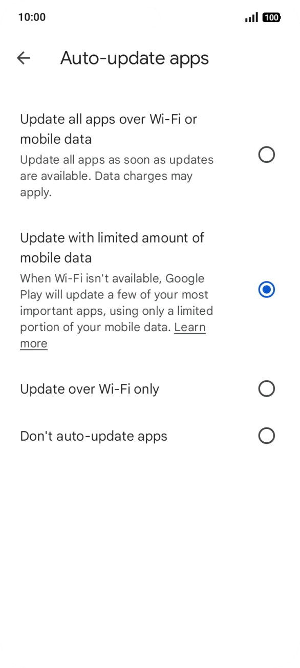 To turn on automatic update of apps using mobile network, press Update all apps over Wi-Fi or mobile data. To turn on automatic update of apps using mobile network, press Update all apps over Wi-Fi or mobile data.