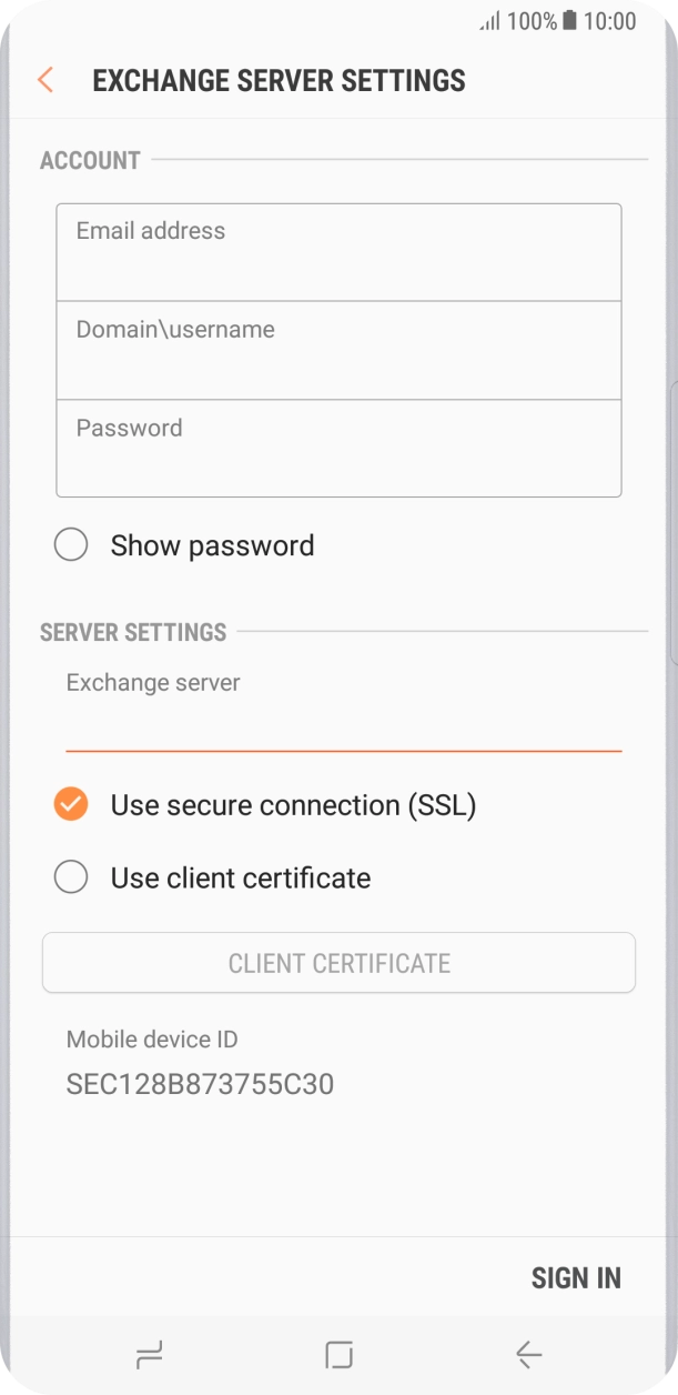 Press Use secure connection (SSL) to turn the function on or off. Press Use secure connection (SSL) to turn the function on or off.