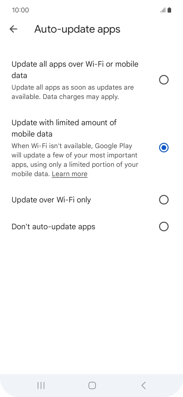 To turn on automatic update of apps using mobile network, press Update all apps over Wi-Fi or mobile data. To turn on automatic update of apps using mobile network, press Update all apps over Wi-Fi or mobile data.