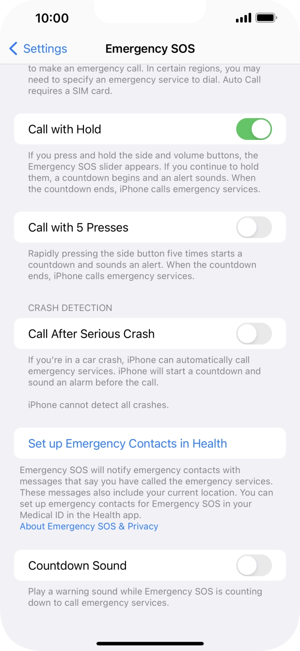 Press Set up Emergency Contacts in Health and follow the instructions on the screen to key in your emergency info and emergency contacts. Press Set up Emergency Contacts in Health and follow the instructions on the screen to key in your emergency info and emergency contacts.