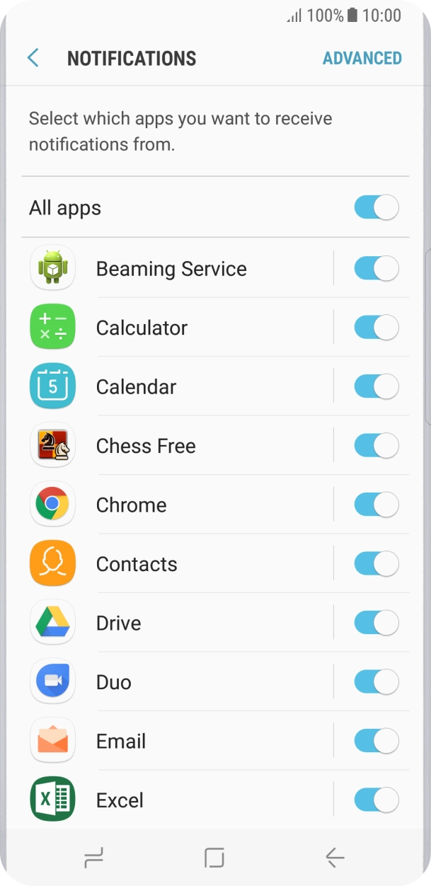 Press the indicator next to the required app to turn the function on or off. Press the indicator next to the required app to turn the function on or off.