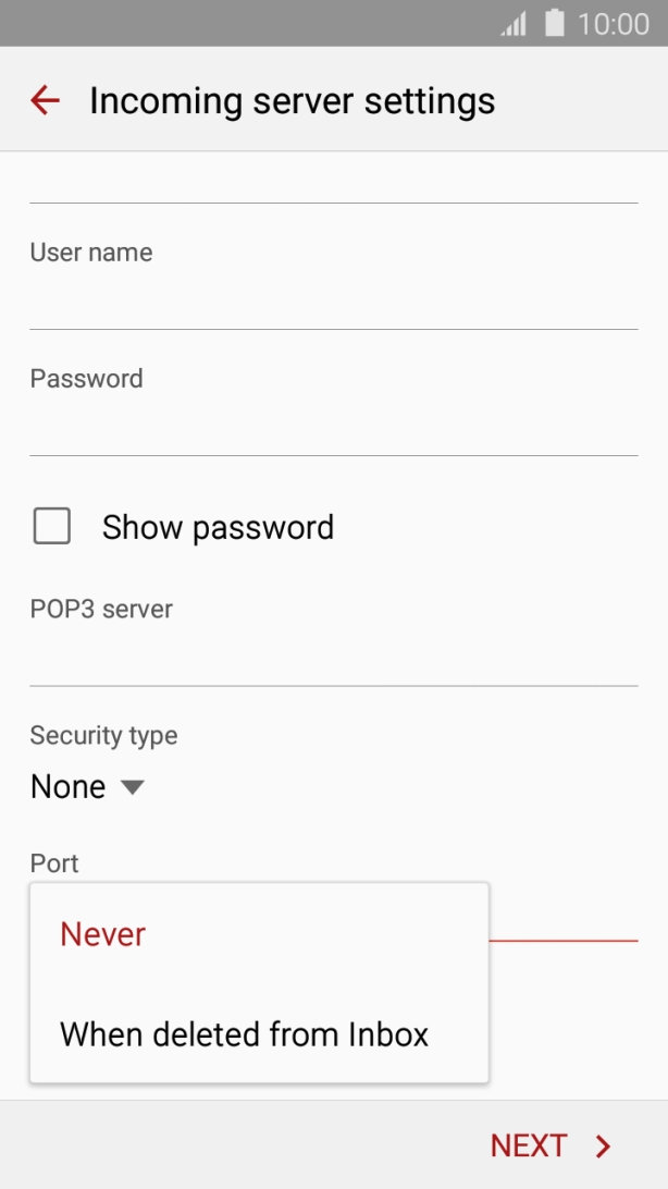 Press Never to keep email on the server when you delete them on your phone. Press Never to keep email on the server when you delete them on your phone.