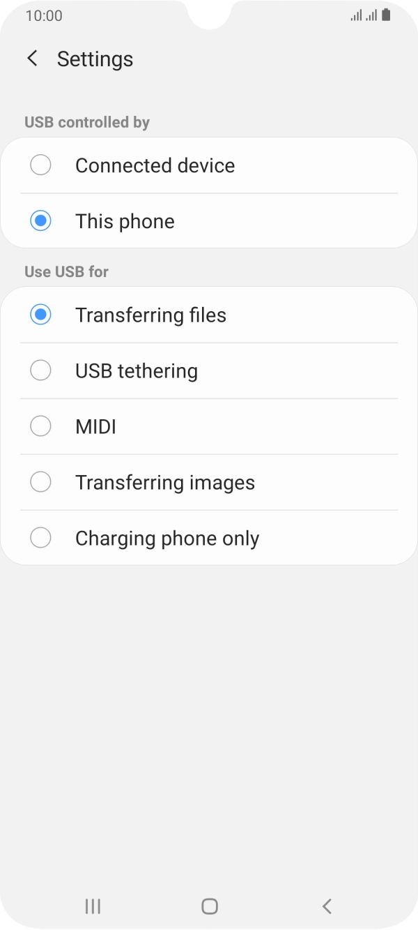Press Transferring files to turn on the function. Press Transferring files to turn on the function.