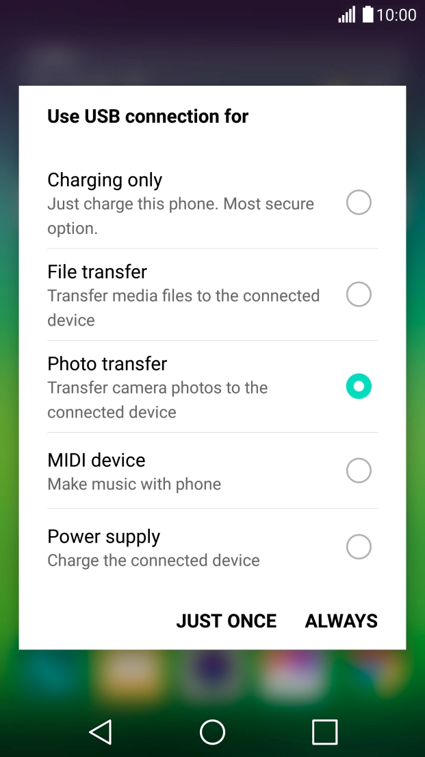 Press File transfer to turn on the function. Press File transfer to turn on the function.