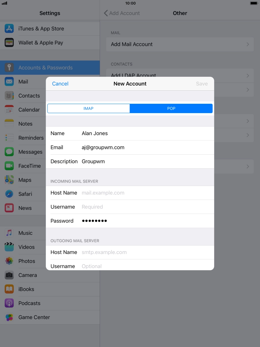 Press Host Name and key in the name of your email provider's incoming server. Press Host Name and key in the name of your email provider's incoming server.