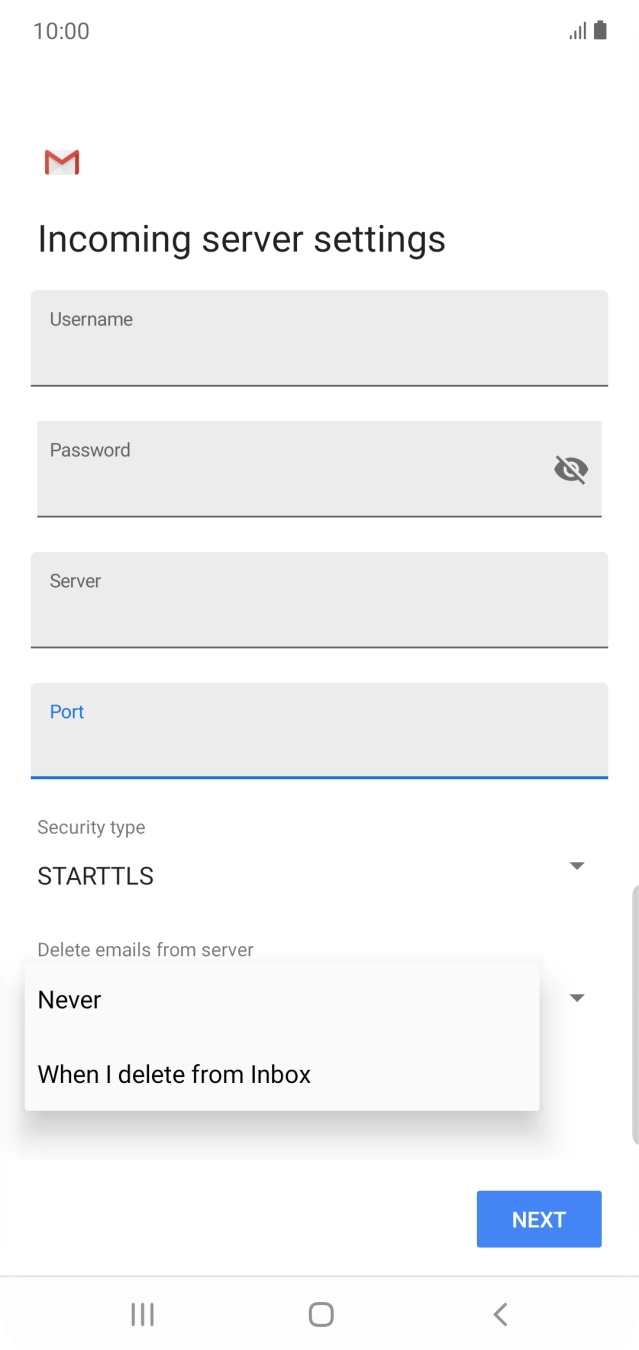Press Never to keep email on the server when you delete them on your phone. Press Never to keep email on the server when you delete them on your phone.