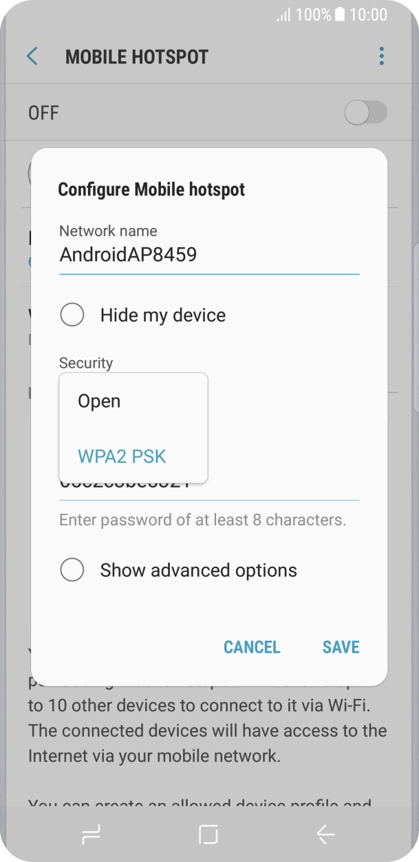 Press WPA2 PSK to password protect your Wi-Fi hotspot. Press WPA2 PSK to password protect your Wi-Fi hotspot.