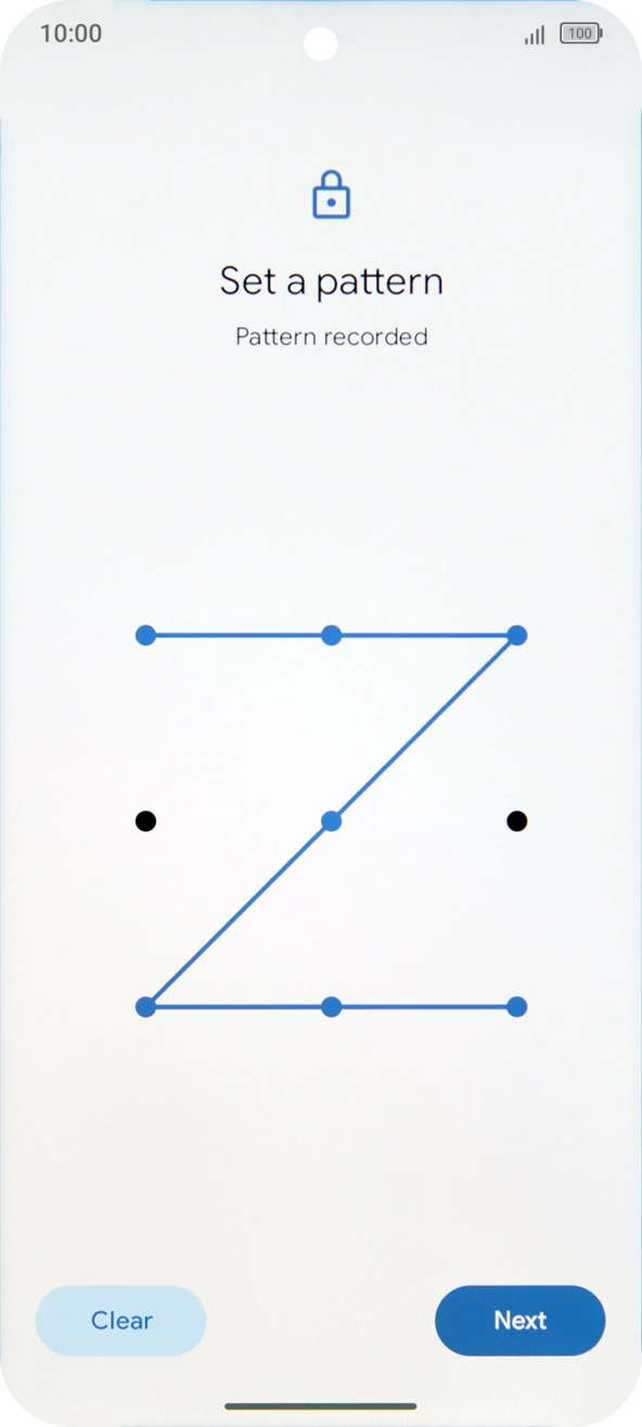 Slide your finger across the screen to connect at least four points and press Next. Slide your finger across the screen to connect at least four points and press Next.