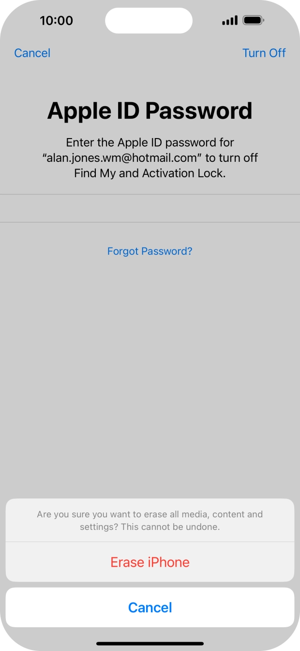Key in the password for your Apple ID and press Erase iPhone. Wait a moment while the factory default settings are restored. Follow the instructions on the screen to set up your phone and prepare it for use. Key in the password for your Apple ID and press Erase iPhone. Wait a moment while the factory default settings are restored. Follow the instructions on the screen to set up your phone and prepare it for use.