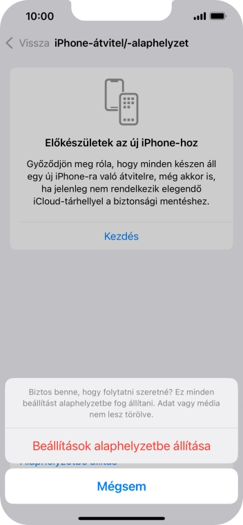 Válaszd a Beállítások alaphelyzetbe állítása lehetőséget. Várj egy kicsit, amíg a telefon visszaállítja a gyári beállításokat. A telefon konfigurálásához és ahhoz, hogy üzemkész állapotba hozd, kövesd a képernyőn megjelenő utasításokat.