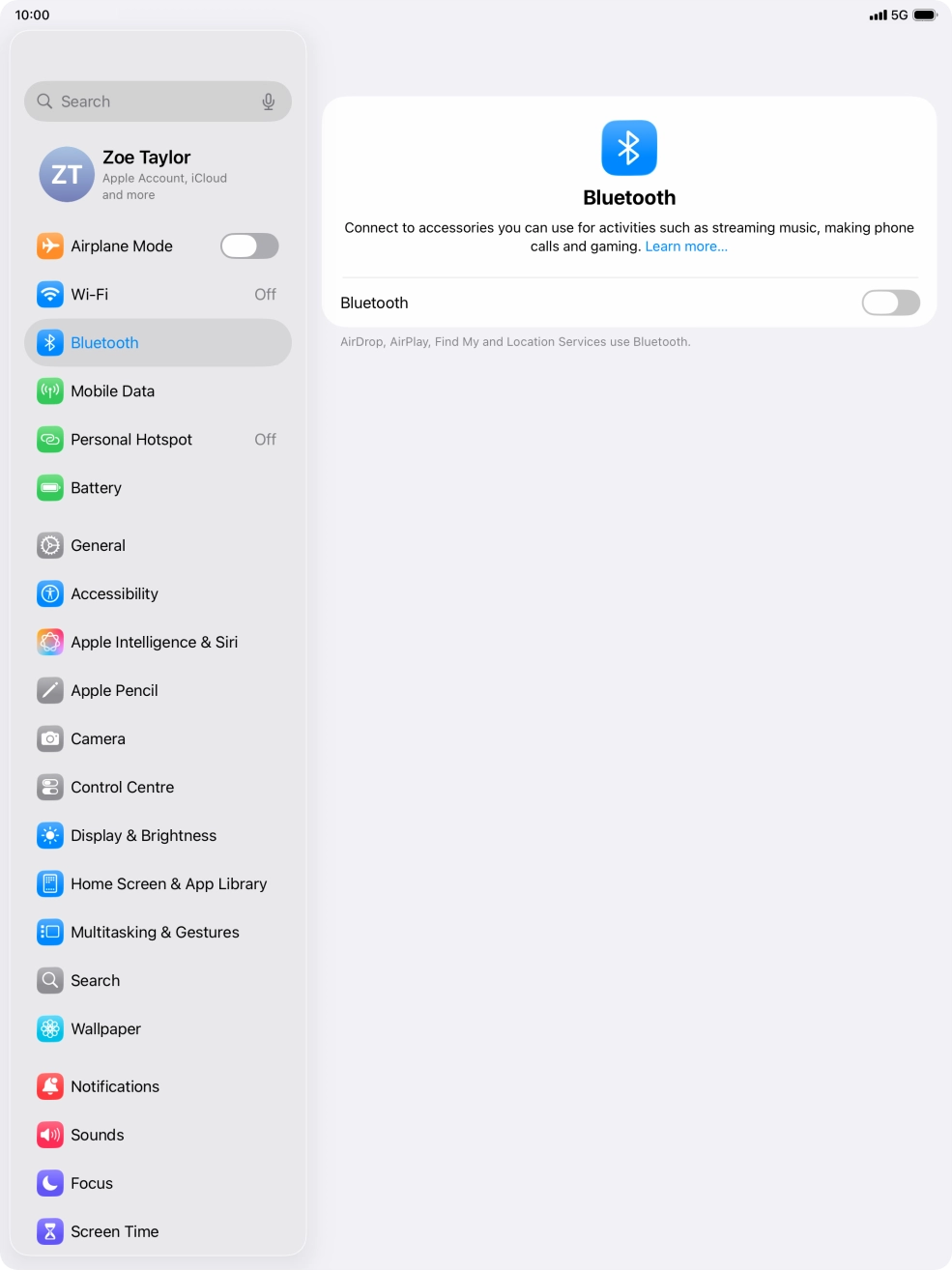 Press the indicator next to 'Bluetooth' to turn on the function.