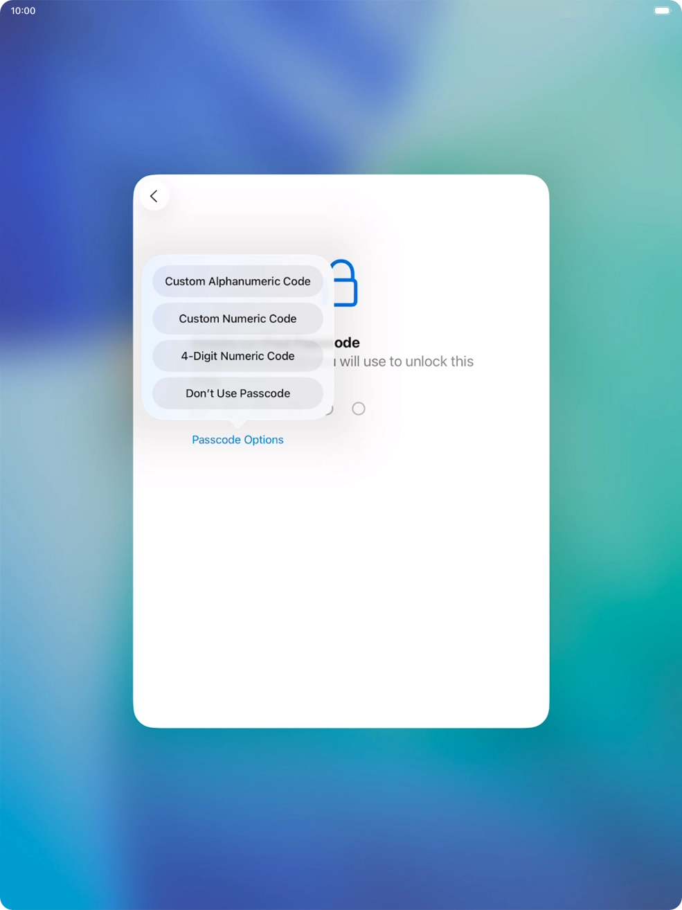 Follow the instructions on the screen to turn on the lock code or press Don't Use Passcode. Follow the instructions on the screen to turn on the lock code or press Don't Use Passcode.