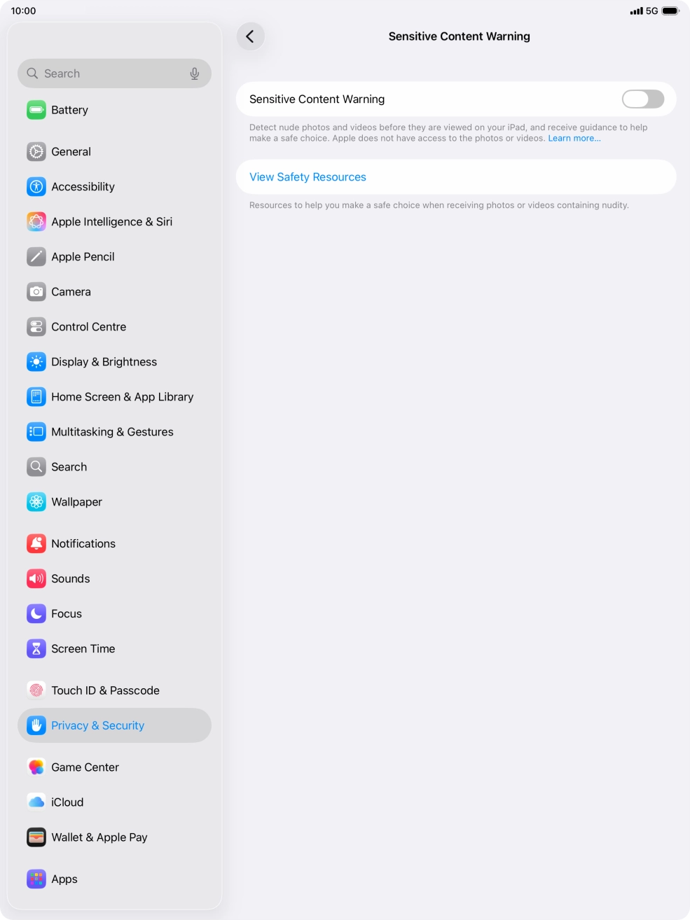 Press the indicator next to 'Sensitive Content Warning' to turn the function on or off. Press the indicator next to 'Sensitive Content Warning' to turn the function on or off.