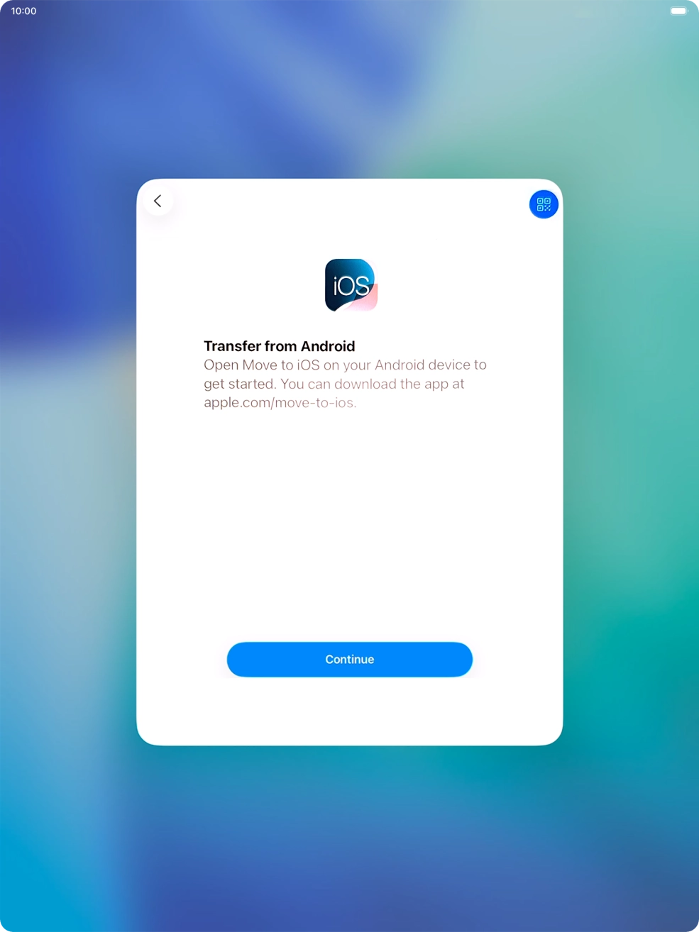 To transfer content to your tablet, you need to install the app 'Move to iOS' on the Android device. When the app is installed, press Continue.