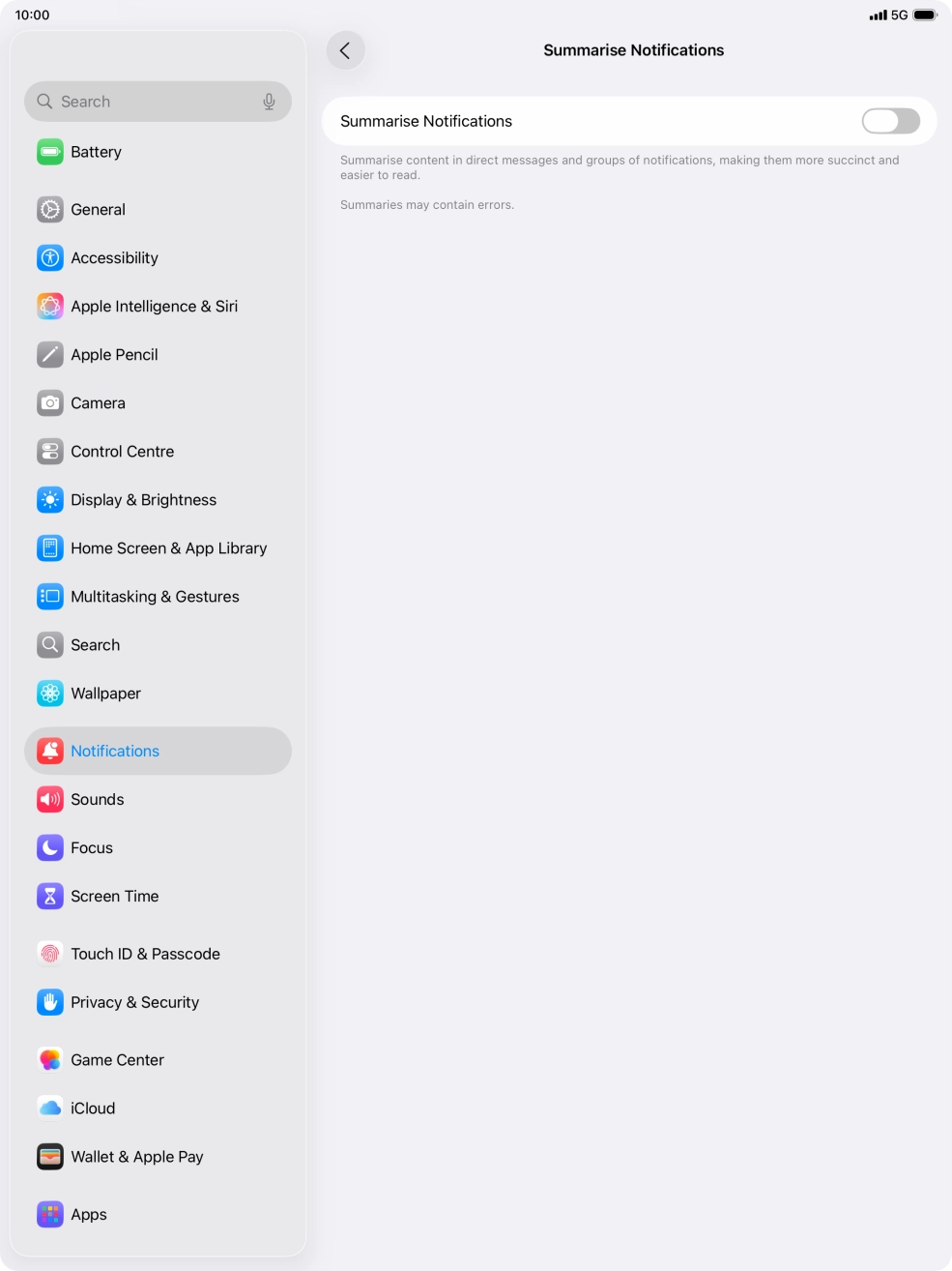 Press the indicator next to 'Summarise Notifications' to turn the function on or off. Press the indicator next to 'Summarise Notifications' to turn the function on or off.