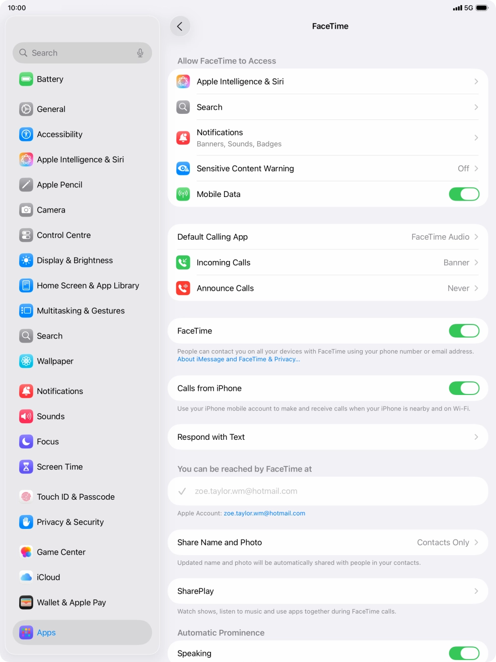 Press the indicator next to 'FaceTime' to turn the function on or off. Press the indicator next to 'FaceTime' to turn the function on or off.