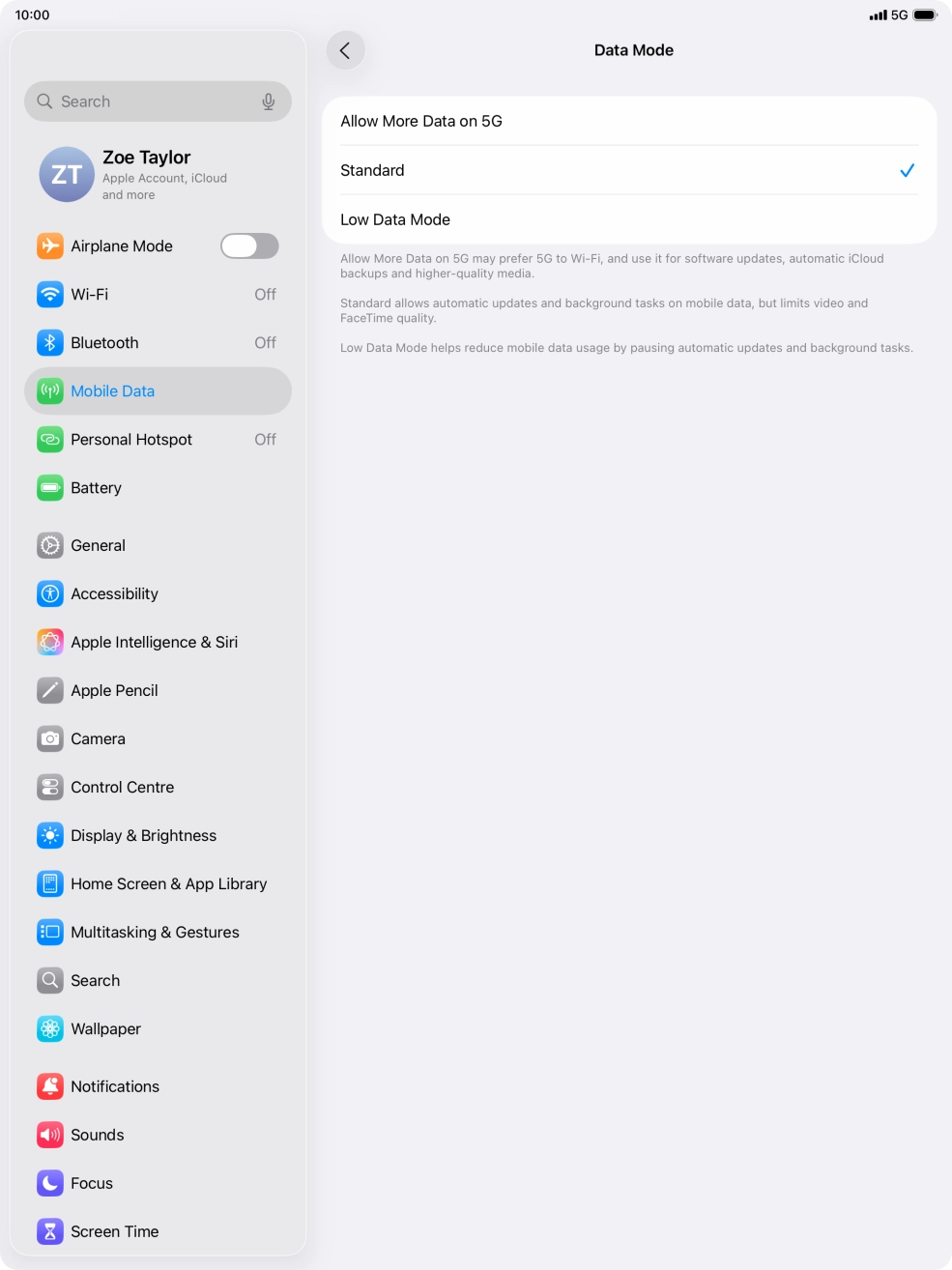 Press the required setting to turn the function on or off.