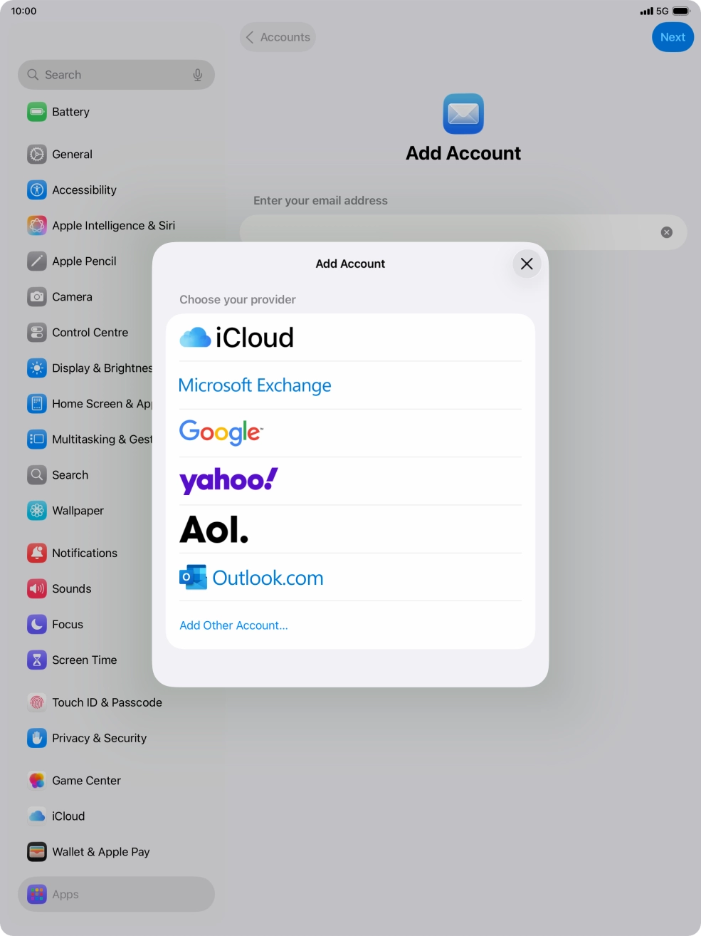 Press Add Other Account... and key in your email address. Press Add Other Account... and key in your email address.
