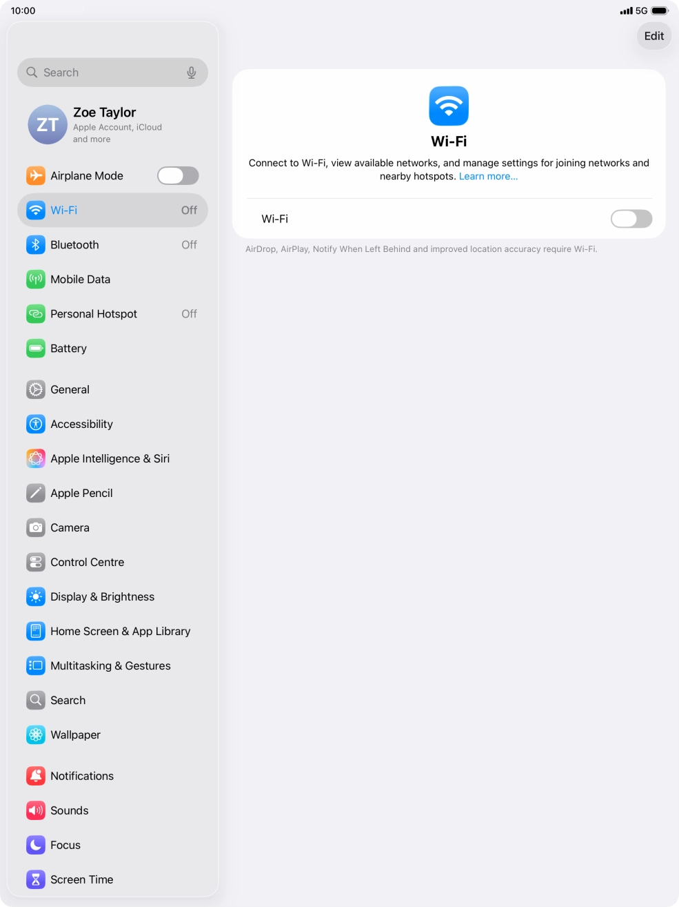 Press the indicator next to 'Wi-Fi' to turn on the function.