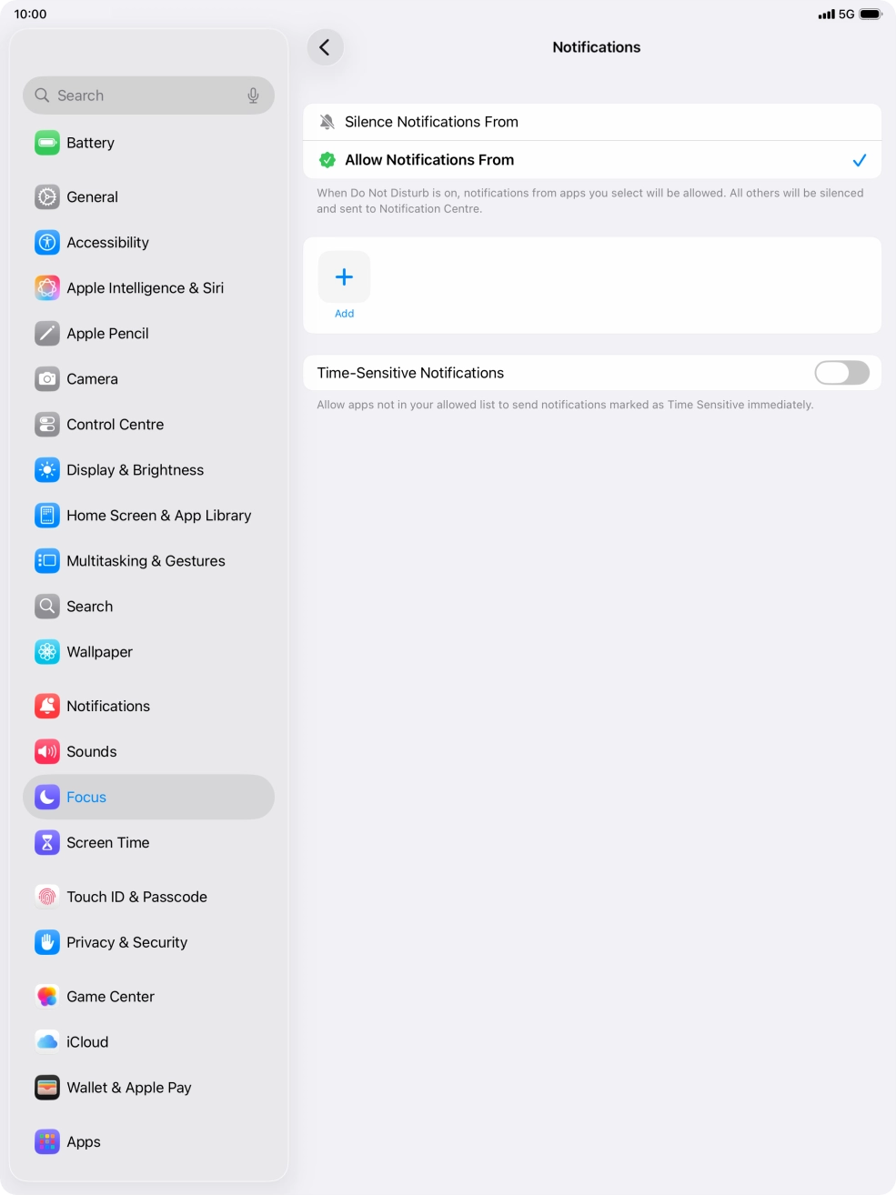 Press the indicator next to 'Time-Sensitive Notifications' to turn display of timed notifications on or off when Do Not Disturb is turned on. Press the indicator next to 'Time-Sensitive Notifications' to turn display of timed notifications on or off when Do Not Disturb is turned on.