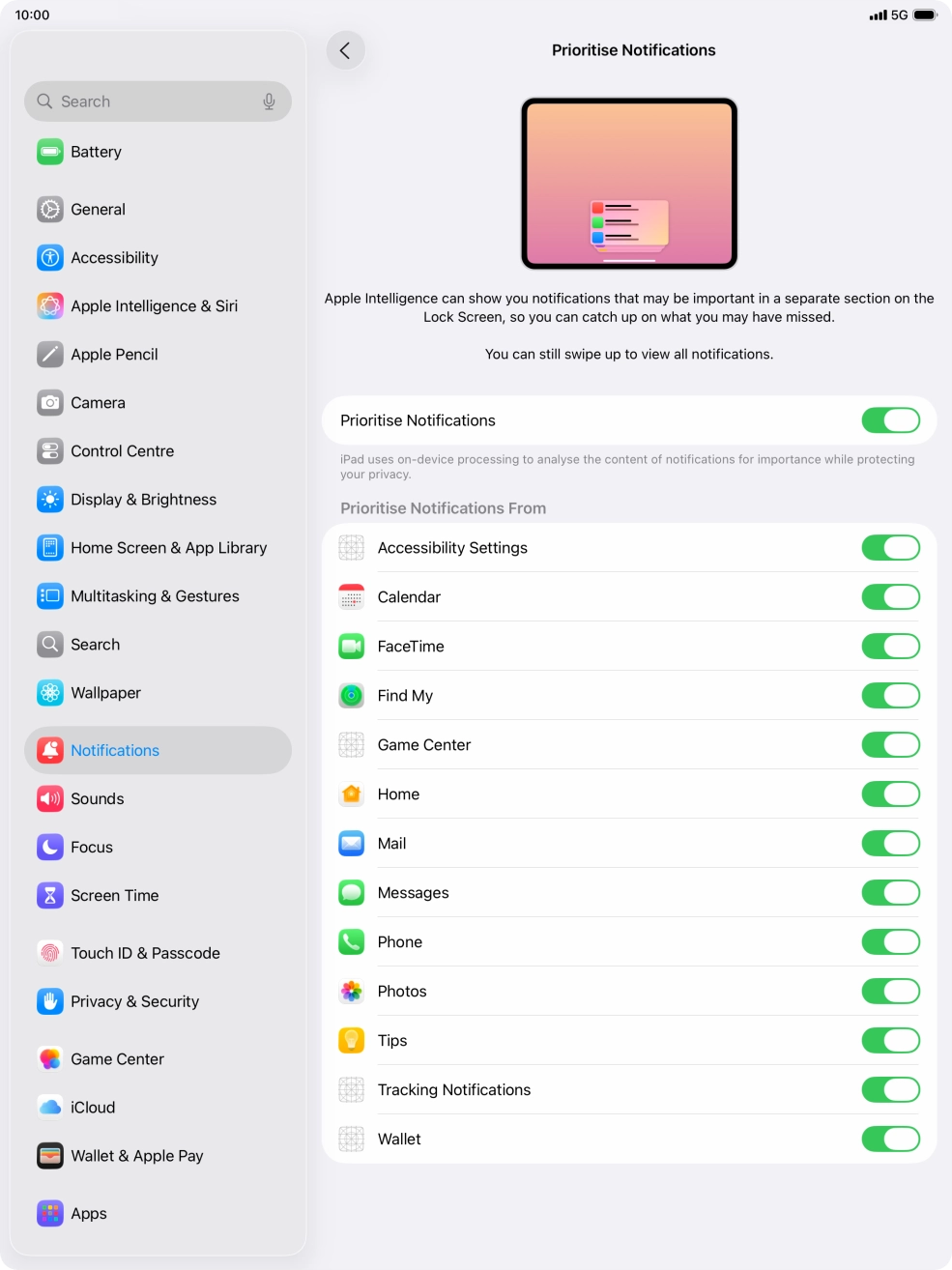Press the indicator next to 'Prioritise Notifications' to turn the function on or off. Press the indicator next to 'Prioritise Notifications' to turn the function on or off.