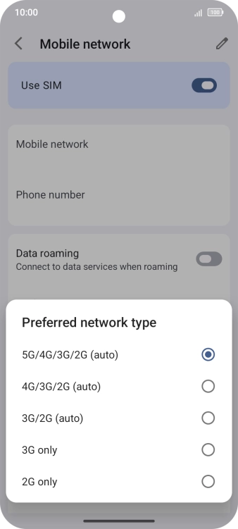 Press the required network mode.