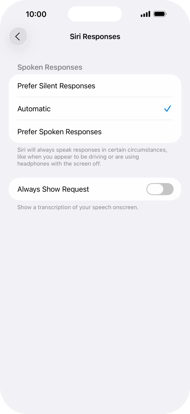 Press the required setting.