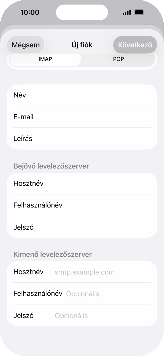 Kattints a Hosztnév mezőre, és írd be az e-mail szolgáltatód kimenő szerverének a nevét.