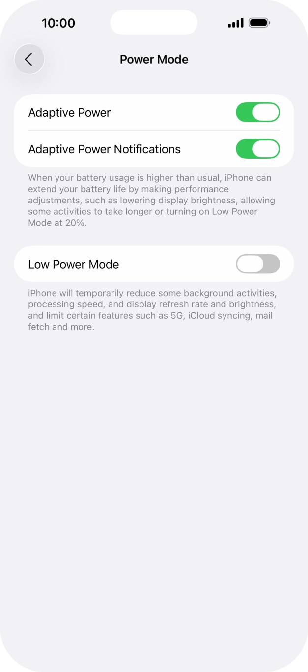 Press the indicator next to 'Low Power Mode' to turn on the function.